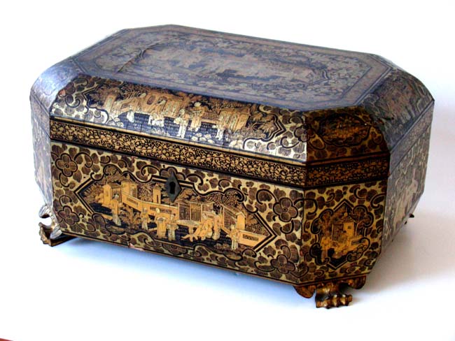 A beautiful 19th century Chinese black lacquer and gold sewing box circa 1860